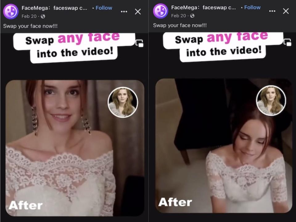 Stills of the advertisement for a deepfake app that used Emma Watson's face.