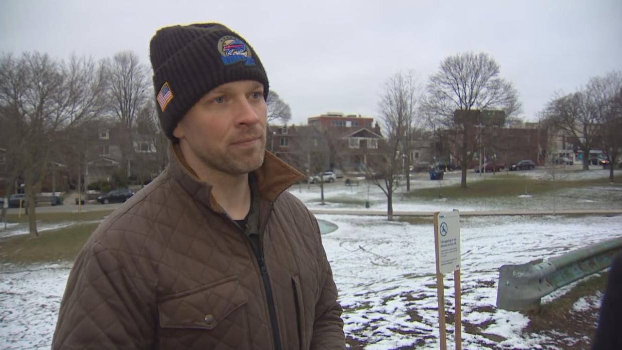 Coun. Brad Bradford, who represents Beaches-East York, is pictured here in East Lynn Park, a popular park that slopes down from Danforth Avenue near Woodbine Avenue. (CBC - image credit)