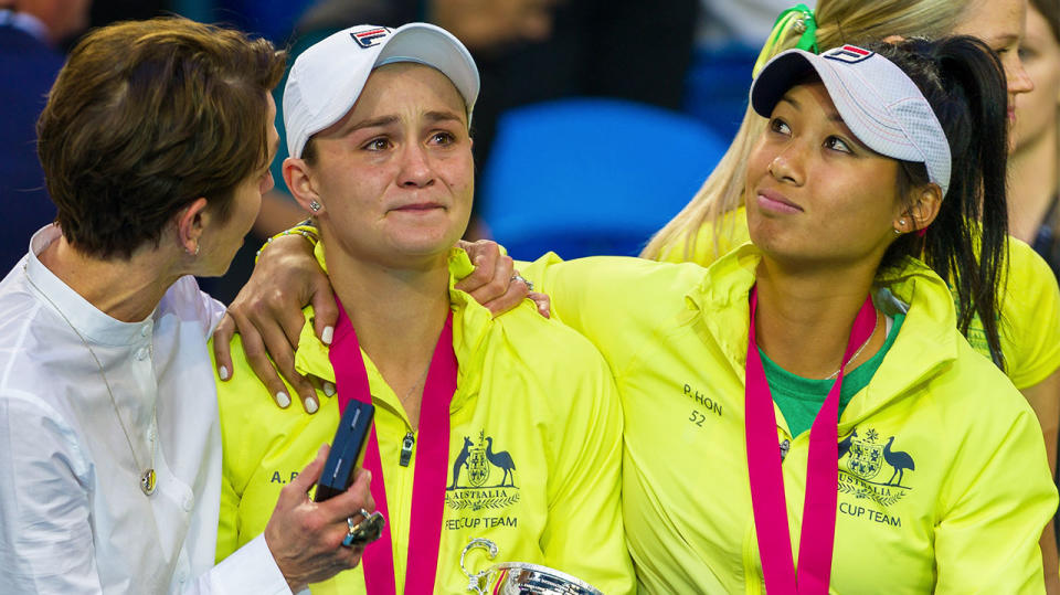 Ashleigh Barty in tears and comforted by Jayne Hrdlicka Tennis Australia President and Chair; and team mate Priscilla Hon after the Australian Team lost to the French Team the 2019 Fed Cup Final tie. (Photo by Andy Cheung/Getty Images)