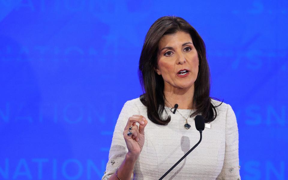 Nikki Haley speaks at the Republican debate in Tuscaloosa, Alabama