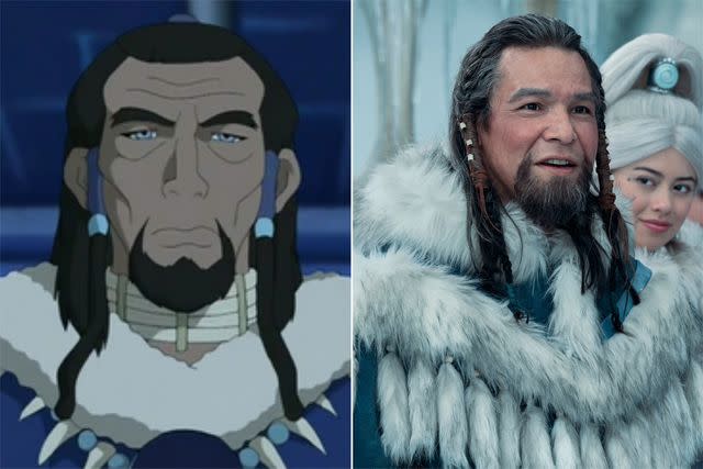 <p>Nickelodeon; Netflix</p> Nathaniel Arcand as Chief Arnook in 'Avatar: The Last Airbender'