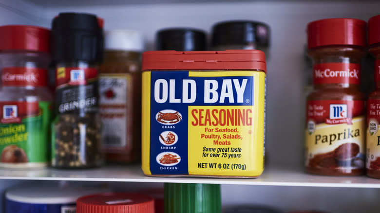 Old Bay container on spice rack