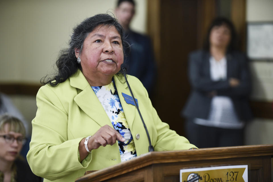 This March 23, 2017 photo shows Democratic Rep. Sharon Stewart Peregoy of Crow Agency argues against a bill during the legislative session in Helena, Montana. Peregoy has introduced a bill during the 2021 session to make it easier for Native Americans living on reservations to vote, including requiring satellite offices and ballot drop boxes to reduce travel time for tribal members to access voting services. Stewart Peregoy's bill was well received by a House committee. (Thom Bridge/Independent Record via AP)