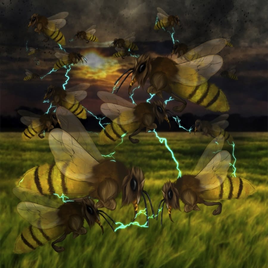 Graphic of bees with electric charge flying in a swarm with dark stormclouds