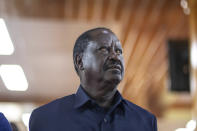 Presidential candidate Raila Odinga attends Sunday mass in St. Francis church in Nairobi, Kenya, Sunday, Aug. 14, 2022. The race remains close between Odinga and Deputy President William Ruto as the electoral commission physically verifies more than 46,000 results forms electronically transmitted from around the country. (AP Photo/Mosa'ab Elshamy)