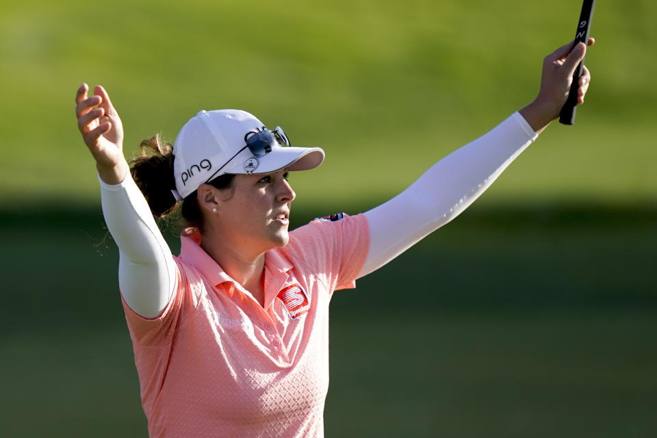 Ally McDonald celebrates a birdie on the 17th hole during the third round of the LPGA Tour ANA Inspiration golf tournament at Mission Hills Country Club, Saturday, April 6, 2019, in Rancho Mirage, Calif. (AP Photo/Chris Carlson)