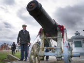 Britain's Brexit Party leader Nigel Farage visits the Heugh Battery Museum, at the Headland, in Hartlepool, England, Monday, Nov. 11, 2019, as part of the General Election campaign trail. In a major shift, Brexit Party leader Nigel Farage said Monday his party will not run against Conservative candidates in almost half of the U.K. seats available in Britain's Dec. 12 election to make sure it doesn't split the pro-Brexit vote. (Owen Humphreys/PA via AP)