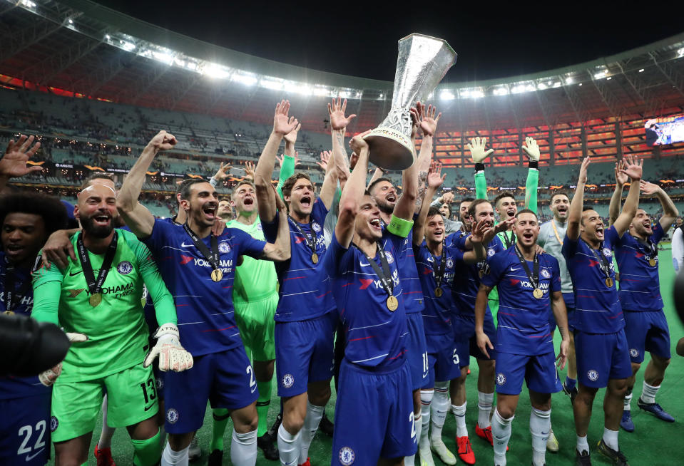 Chelsea's Cesar Azpilicueta celebrates with the trophy and team mates after winning the UEFA Europa League final at The Olympic Stadium, Baku, Azerbaijan. (Photo by Bradley Collyer/PA Images via Getty Images)