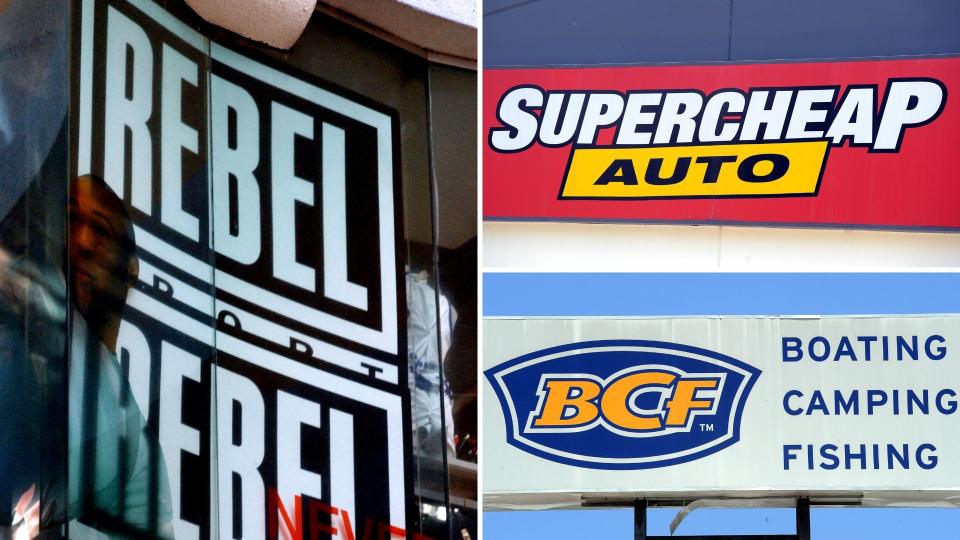 Signs for Super Retail Group brands Rebel Sport, Supercheap Auto and BCF.