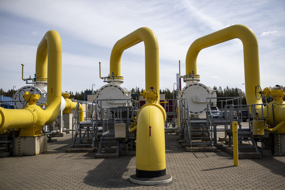 A view of hardware of the Jauniunai Gas Compressor station, near Vilnius, Lithuania, Thursday, May 5, 2022. A 500-million-euro ($530 million) Lithuanian-Polish natural gas transmission pipeline was inaugurated Thursday, completing another stage of regional independence from Russian energy sources. (AP Photo/Mindaugas Kulbis)