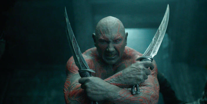 Bautista wielding weapons as Drax
