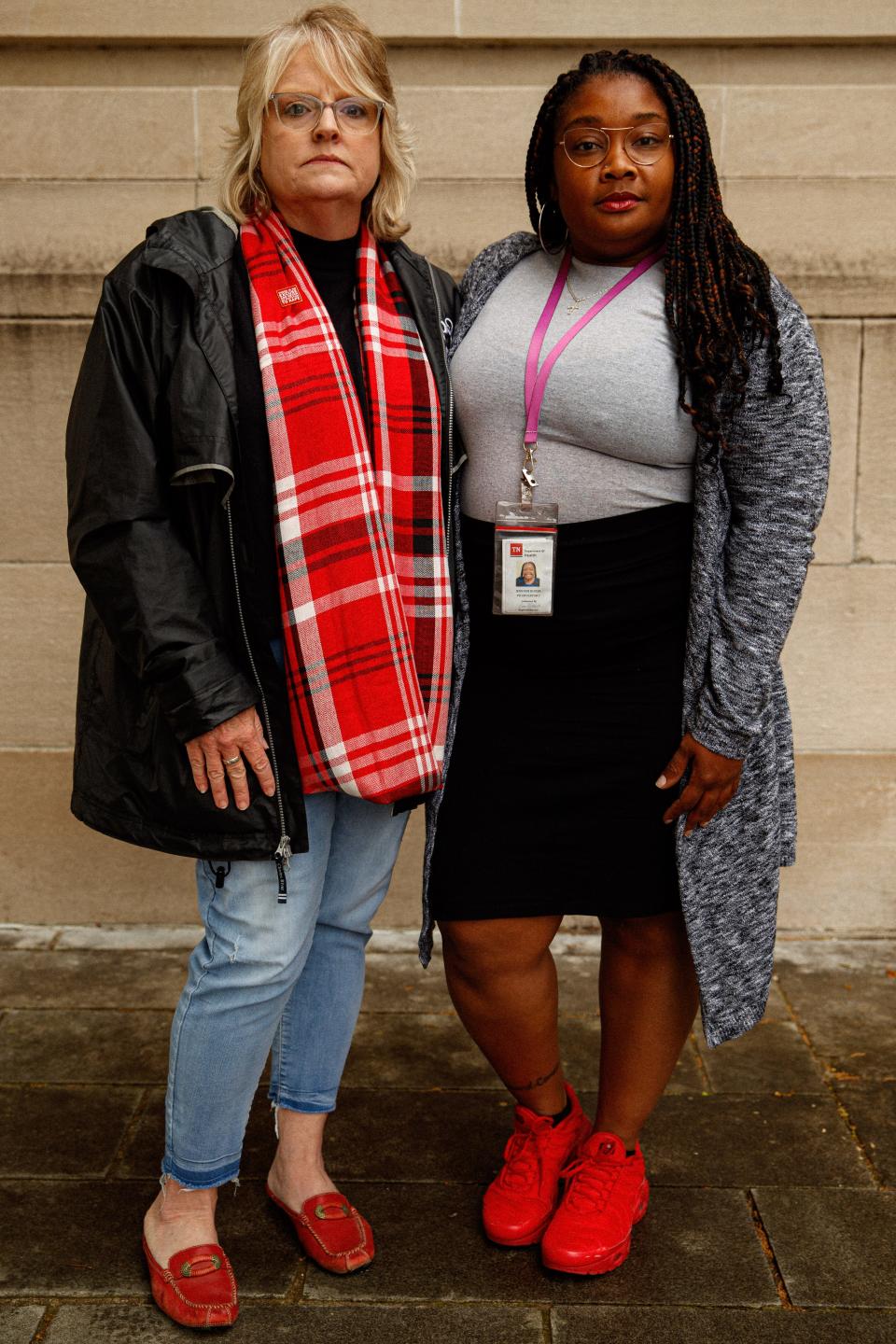 Jennifer Kinzer Parks, right, public health educator to Maury County Health Department, and Cindy Sims, executive director for Center of Hope pose for a portrait in Columbia, Tenn. on Apr. 27, 2023. Sims and Parks collaborated on this years Red Sand Project at the Maury County courthouse to raise awareness of the vulnerabilities that lead to human trafficking. 