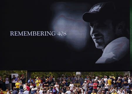 A tribute to former Australian cricketer Phillip Hughes, who was the 408th player for Australia, is displayed on a screen during the first day of the third cricket test match between Australia and New Zealand at the Adelaide Oval in South Australia, November 27, 2015. REUTERS/David Gray/File Photo