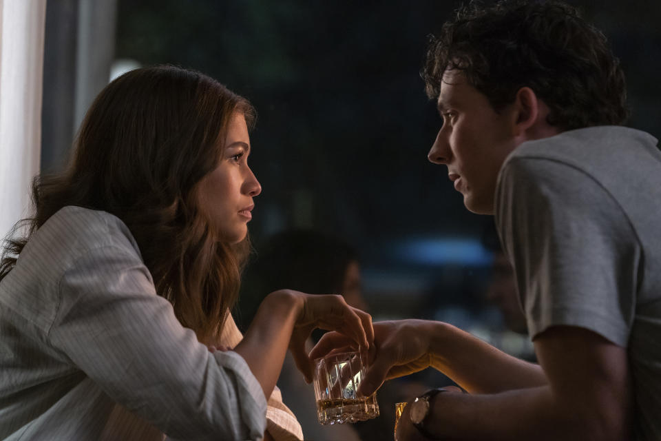 This image released by Metro Goldwyn Mayer Pictures shows Zendaya, left, and Josh O'Connor in a scene from "Challengers." (Metro Goldwyn Mayer Pictures via AP)