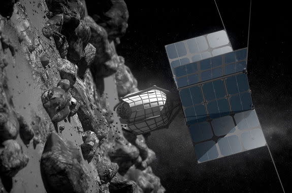 Artist concept of a commercial spacecraft collecting a sample rock off the surface of an asteroid.