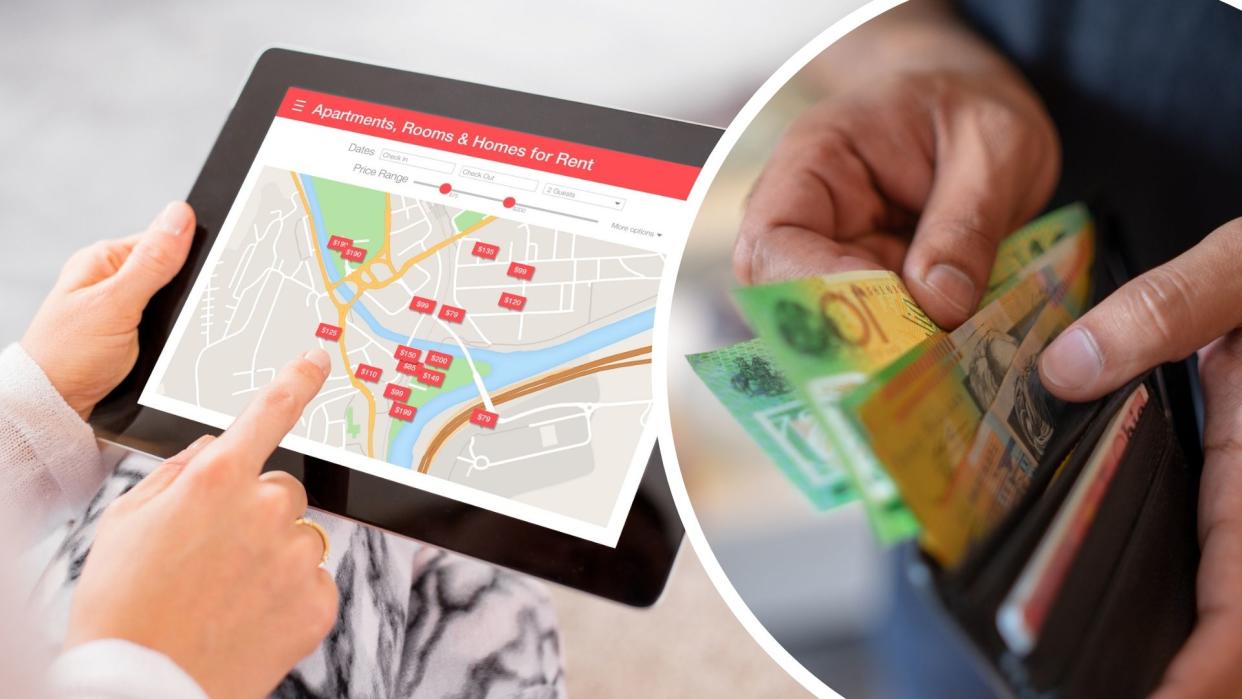 Person using tablet showing tablet marking rental properties, wallet with cash. Images: Getty