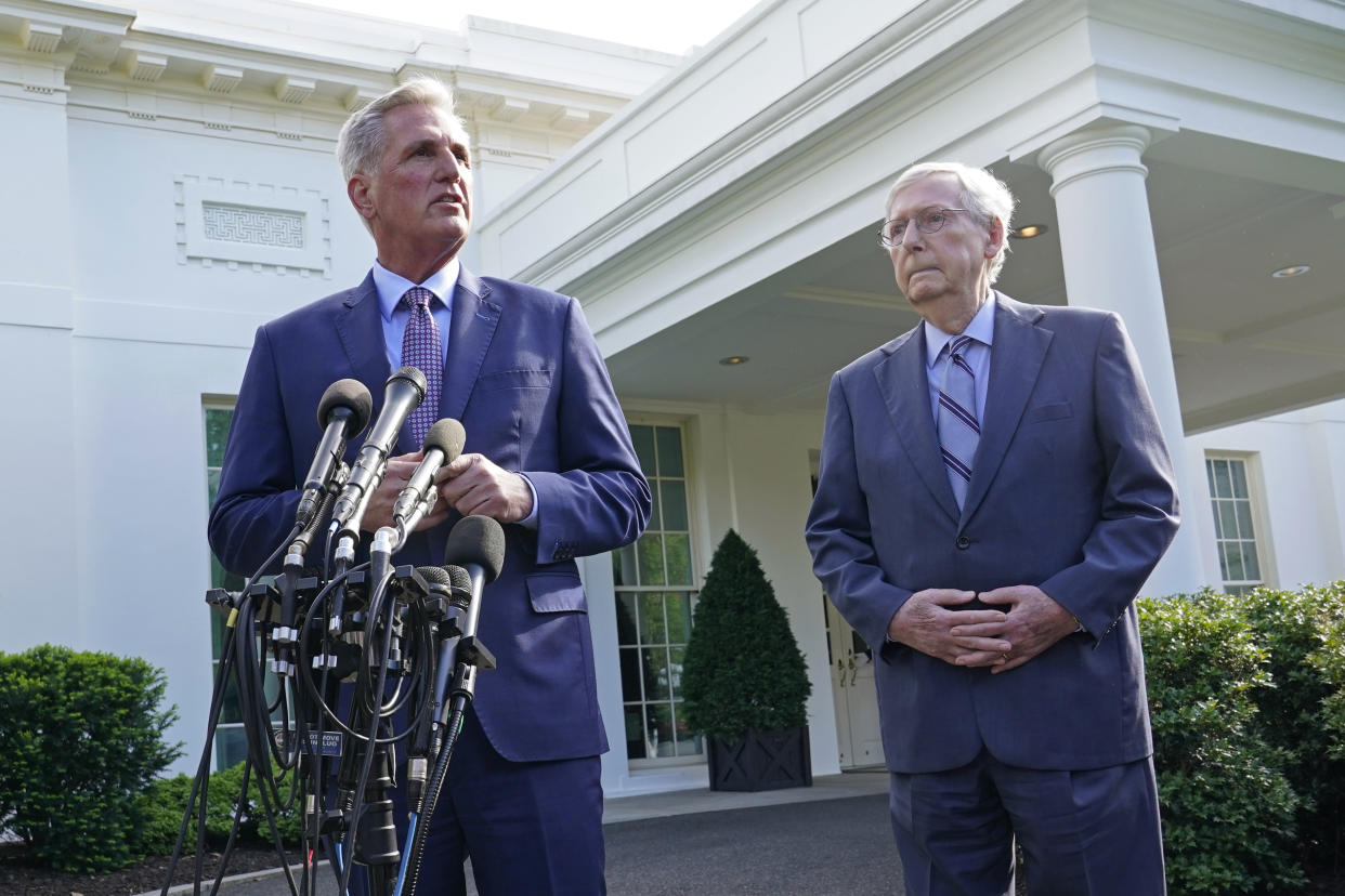 House Speaker Kevin McCarthy of Calif., left, standing next to Senate Minority Leader Mitch McConnell of Ky., right, speaks to reporters outside of the West Wing of the White House in Washington, Tuesday, May 9, 2023, following a meeting with President Joe Biden on the debt limit. (AP Photo/Susan Walsh)