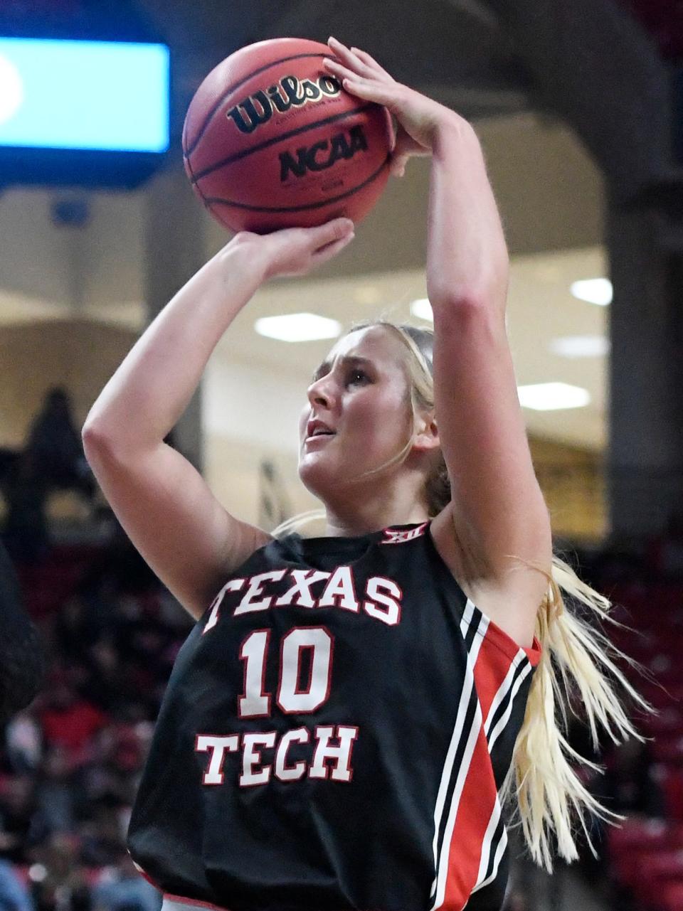 Texas Tech's forward Bryn Gerlich (10) shoots the ball against Baylor in a Big 12 basketball game, Saturday, Jan. 28, 2023, at United Supermarkets Arena. 