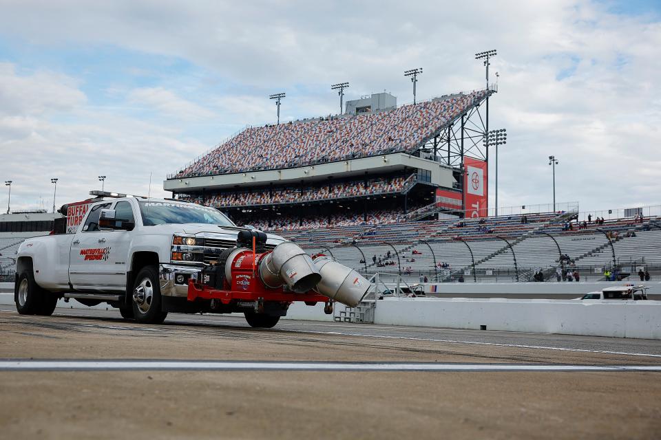 Jet dryers work to dry the track prior to the NASCAR Cup Series Toyota Owners 400 at Richmond Raceway on March 31, 2024 in Richmond, Virginia. (Photo by Alex Slitz/Getty Images)