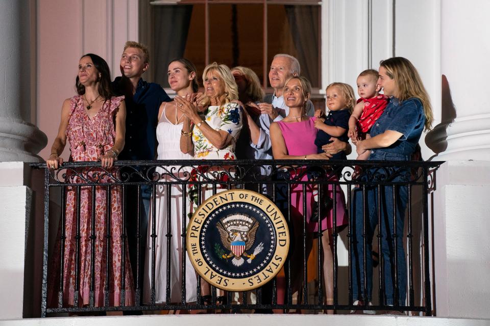 President Joe Biden and first lady Jill Biden are joined by members of the Biden family to watch fireworks during a Fourth of July celebration at the White House the evening of July 4, 2022.