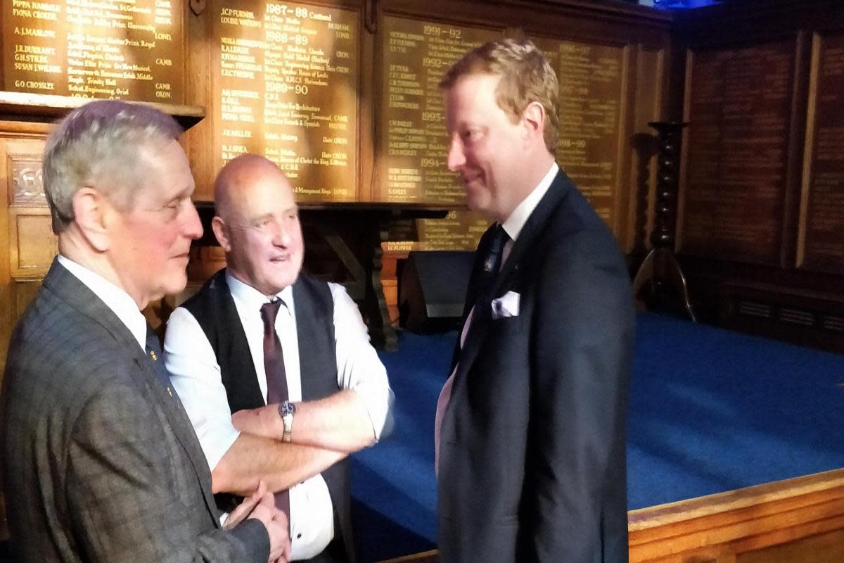 Holt Farmers' Club president Richard Brooks (left), former chairman Peter Perry-Warnes (centre) and Viscount Raynham, Thomas Townshend <i>(Image: Michael Pollitt)</i>