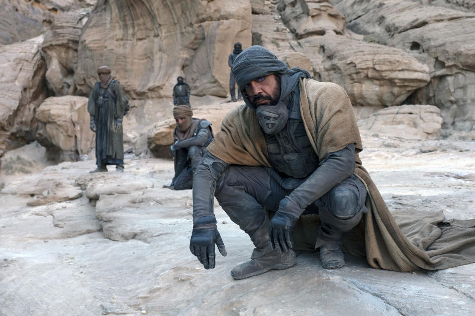 This image released by Warner Bros. Pictures shows Javier Bardem in a scene from "Dune." (Warner Bros. Pictures via AP)