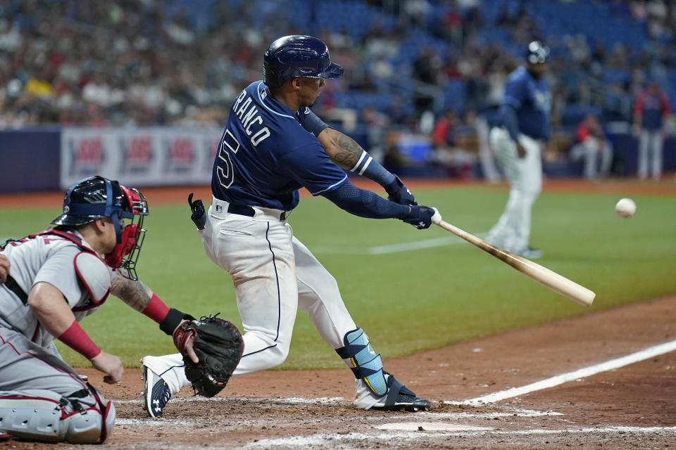 Tampa Bay Rays' Wander Franco (5) connects for a three-run home run off Boston Red Sox starting pitcher Eduardo Rodriguez during the fifth inning of a baseball game Tuesday, June 22, 2021, in St. Petersburg, Fla. (AP Photo/Chris O'Meara)