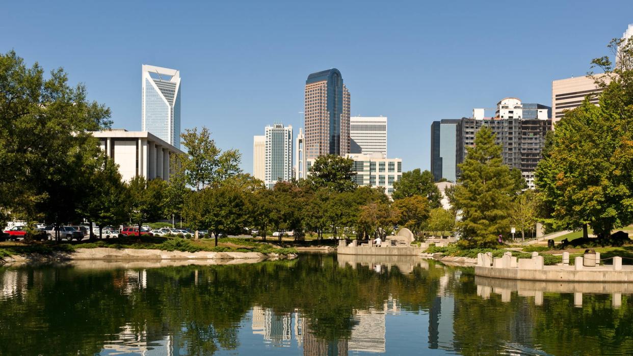The Charlotte, NC skyline as seen from Marshall Park.