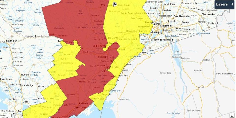 Watches and warnings for tornados and severe thunderstorms have been issued across eastern Ontario and western Quebec. A red zone denotes a warning, while a yellow zone denotes a watch.