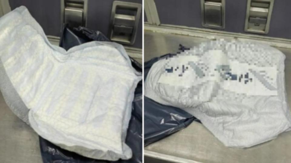 機上發現的「疑似炸彈」物體，其實是一片成人紙尿褲。（圖／翻攝自@pubity推特）