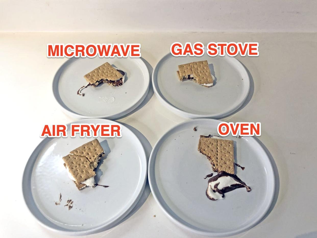 four plates of smores labled microwave, gas stove, air fryer, and oven