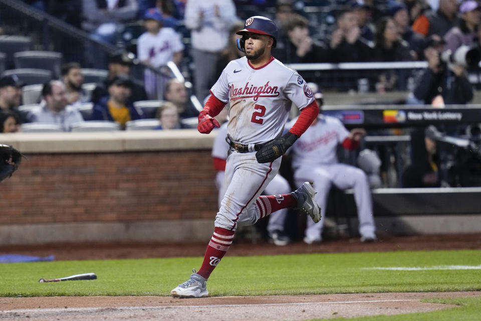 Washington Nationals' Luis Garcia scores on a single by Joey Meneses during the third inning of the team's baseball game against the New York Mets on Tuesday, April 25, 2023, in New York. (AP Photo/Frank Franklin II)