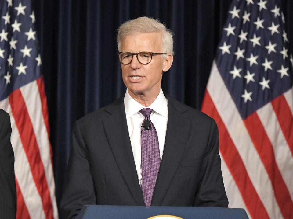 FILE - Washington Post publisher Fred Ryan speaks at the Ronald Reagan Presidential Library in Simi Valley, Calif., on July 22, 2018. Ryan is leaving the newspaper after nine years in charge. Newspaper owner Jeff Bezos announced Ryan’s departure in a memo to staff on Monday. He’ll continue as publisher and CEO for two more months.(AP Photo/Mark J. Terrill, File)