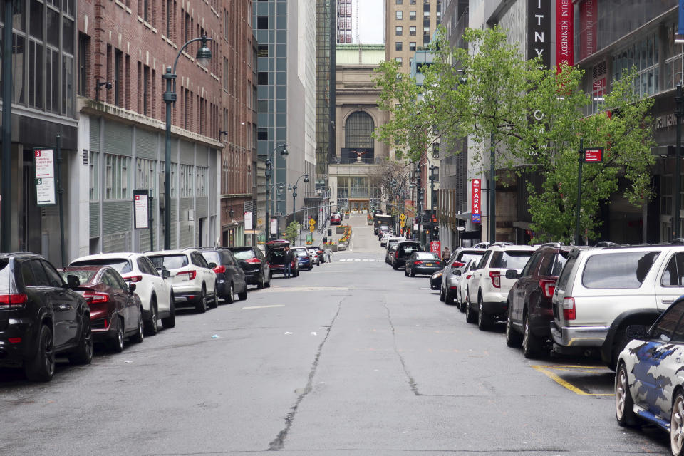 43rd Street leading to Grand Central Terminal is empty of traffic during the coronavirus pandemic on Tuesday, April 21, 2020. (AP Photo/Ted Shaffrey)