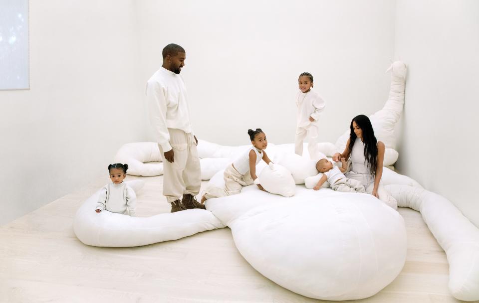The West family with a sculpture by Isabel Rower. From left, Chicago, Kanye, North, Saint, Psalm, Kim.