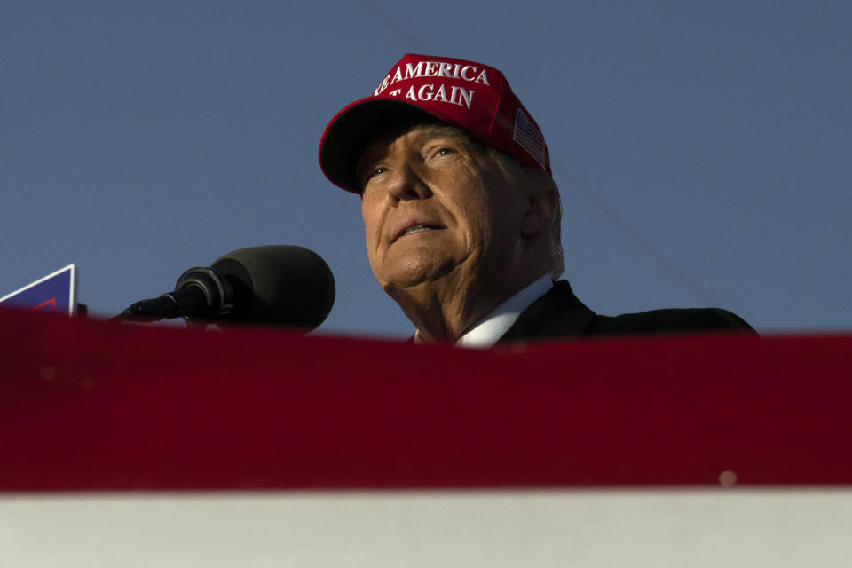 Former U.S. President Donald Trump speaks during a campaign event in Schnecksville, Pa., Saturday, April 13, 2024. (AP Photo/Joe Lamberti)