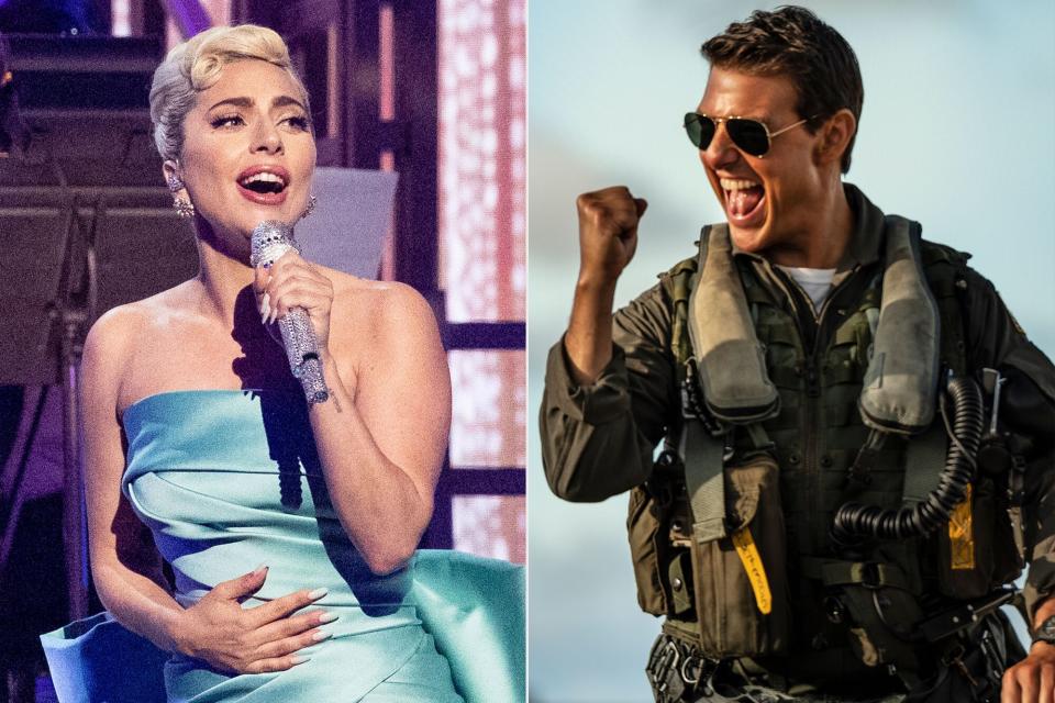 Lady Gaga performing ; Tom Cruise in Top Gun: Maverick