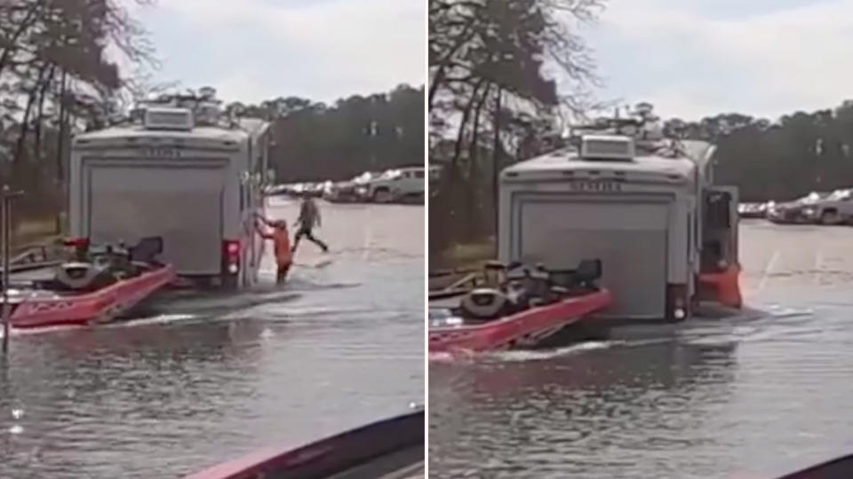 A startling piece of video captures the moment a fisherman’s pet Dalmation accidentally steps on the gear shift of his campervan, sending the vehicle rolling backwards into a lake. Source: Facebook/Eric Jackson