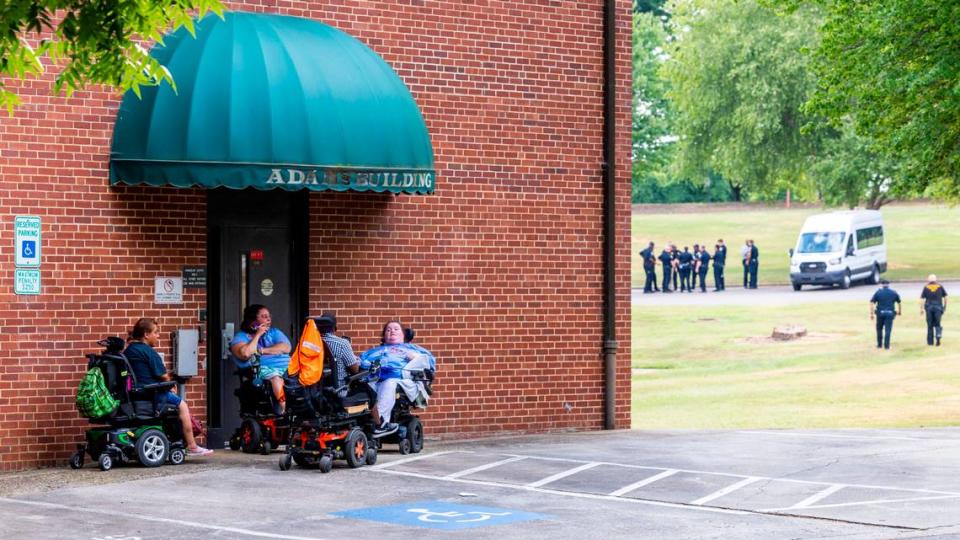 People in wheelchairs block exterior doors of the NC Department of Health and Human Services building in Raleigh at times chanting “I’d rather go to jail than to die in a nursing home.” Protesters with the National ADAPT organization demanded improved service and support and an opportunity to speak with NC DHHS Sec. Kody Kinsley. At around 6 p.m. police left the scene without arrests.