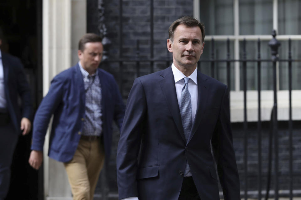 Britain's Foreign Secretary Jeremy Hunt leaves 10 Downing Street, following a meeting held over British oil tanker Stena Impero which was captured by Iran, Saturday July 20, 2019. Hunt has said Britain's response to Iran's seizure of a British-flagged ship in the Strait of Hormuz "will be considered but robust."(Aaron Chown/( / PA via AP)