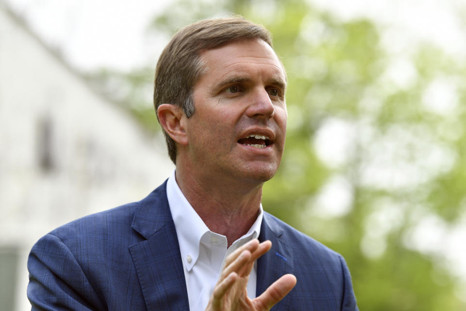 Kentucky Governor Andy Beshear sits for an interview in Versailles, Ky., Wednesday, May 17, 2023. Beshear won the Democratic primary for Governor, and will face Republican Attorney General Daniel Cameron in the fall. (AP Photo/Timothy D. Easley)