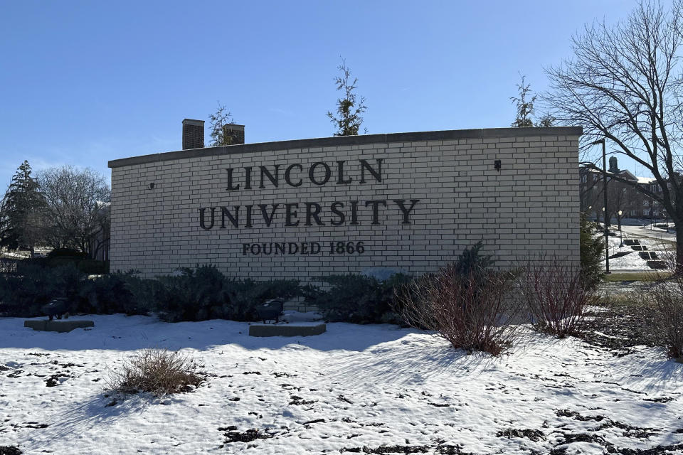 A sign marks an entrance to Lincoln University, Wednesday, Jan. 17, 2024, in Jefferson City, Mo. The historically Black college in Missouri is in turmoil after the suicide of an administrator who alleged she was bullied. Antoinette Bonnie Candia-Bailey's death has spurred student protests at the idyllic red-brick campus in Jefferson City. Moseley agreed last week to go on paid leave pending a third-party investigation, but many of the school's 1,800 students and its alumni group are calling for his termination. (AP Photo/Summer Ballentine)