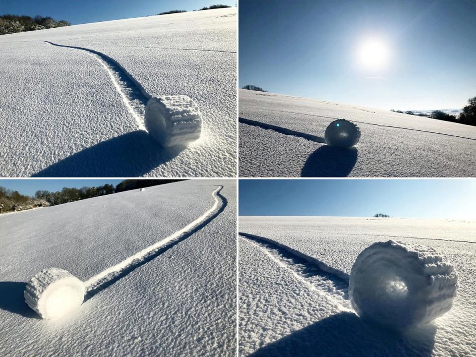 Snow Rollers form in a field in Marlborough, Wiltshire. They are a rare meteorological phenomenon in which large snowballs are formed naturally as chunks of snow are blown along the ground by the wind. As they move they pick up snow on the way, in much the same way that the large snowballs used in snowmen are made. (SWNS/Brian Bayliss)
