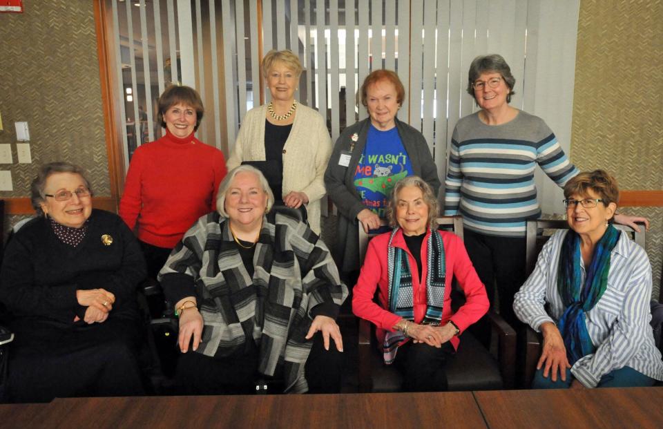 These Linden Ponds residents, known as the Linden Ponds Calendar Girls, posed for the Hingham senior living community's calendar. Front row, from left: Linda Hiller, Christine Griffin, Carole Walt and Marilee Muise. Back from left: Sandy Tuthill, Scotty Hart, Suzanne Monk and photographer Roseanne Zaino.