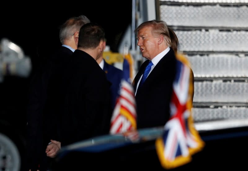 U.S. President Donald Trump and first lady Melania arrive at Stansted Airport