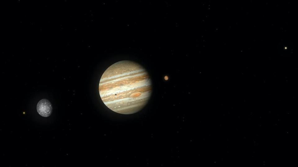 Ilustración de Júpiter y sus cuatro lunas más grandes (Galileo). De izquierda a derecha los cuerpos son Io, Calisto, Júpiter (con la sombra de Io proyectada sobre él), Ganímedes y Europa. Los cuerpos se muestran a la escala correcta, vistos desde una distancia en algún lugar más allá de la órbita de Calisto.