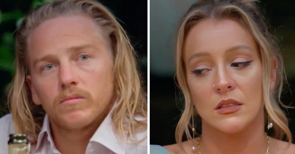 L: Cam Woods at a MAFS dinner party. R: Lyndall Grace at a MAFS dinner party