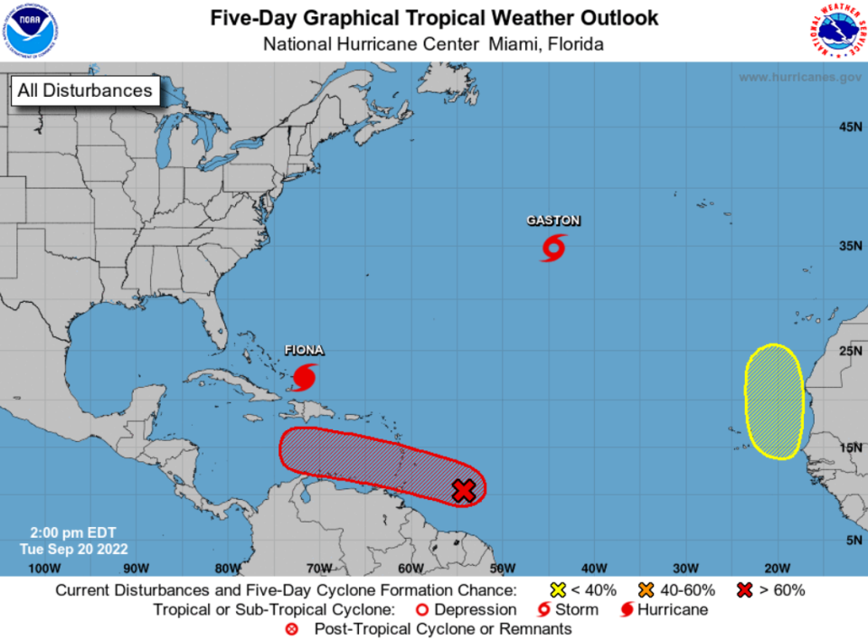 A look at the tropical systems in the Atlantic at 5 p.m. Tuesday, Sept. 20, 2022.