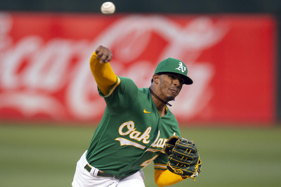 Oakland Athletics starting pitcher Luis Medina delivers against the Detroit Tigers during the first inning of a baseball game, Thursday, Sept. 21, 2023, in Oakland, Calif. (AP Photo/D. Ross Cameron)