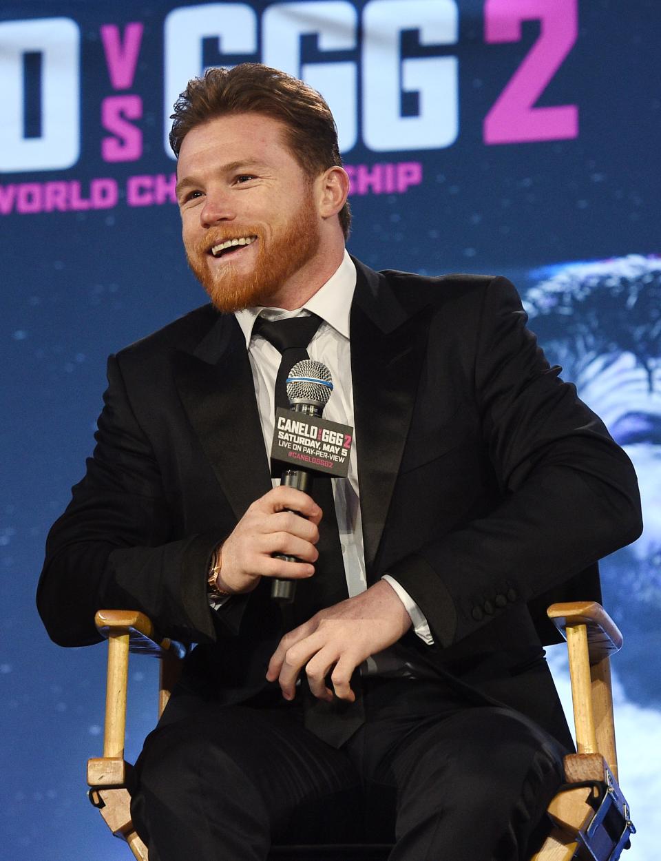 ‘Canelo’ Álvarez durante su última conferencia de prensa que sirvió como promoción para su pelea del 5 de mayo próximo en la que enfrentará al kasajo Gennady Golovkin. / Getty Images